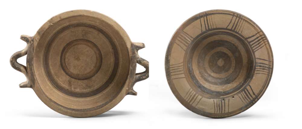 DAUNIAN DISH AND CUP, 5TH CENTURY B.C. in clay with beige glaze and orange and brown varnish.