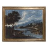 NORTHERN ITALY PAINTER, LATE 17TH CENTURY RIVER LANDSCAPE WITH WAYFARERS Oil on canvas, cm. 101 x