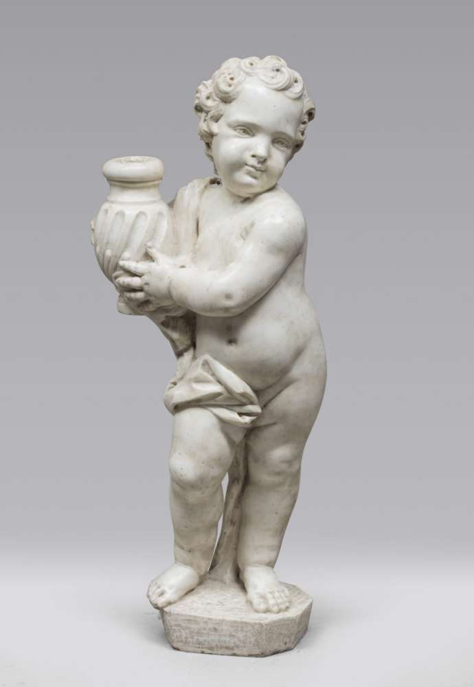 WHITE MARBLE SCULPTURE OF PUTTO, PROBABLY ROME, BAROQUE PERIOD the figure is in classic pose, with