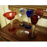 SEVEN GLASSES, MURANO 20TH CENTURY blown to different colors and outlines with inclousioni. h.