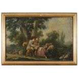 FRENCH PAINTER, EARLY 19TH CENTURY SCENE OF SHEPHERDS IN LANDSCAPE Oil on masonite, cm. 56 x 85