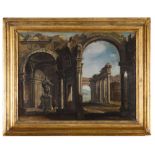 ROMAN PAINTER, END 19TH CENTURY ARCHITECTURE WITH SCULPTURE AND FIGURES COLONNADE AND PEOPLE WALKING