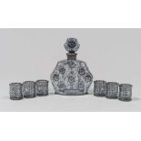 SET OF GLASS LIQUOR, 40'S with floral decorum in silver. Composed by bottle and six bicchierinis.