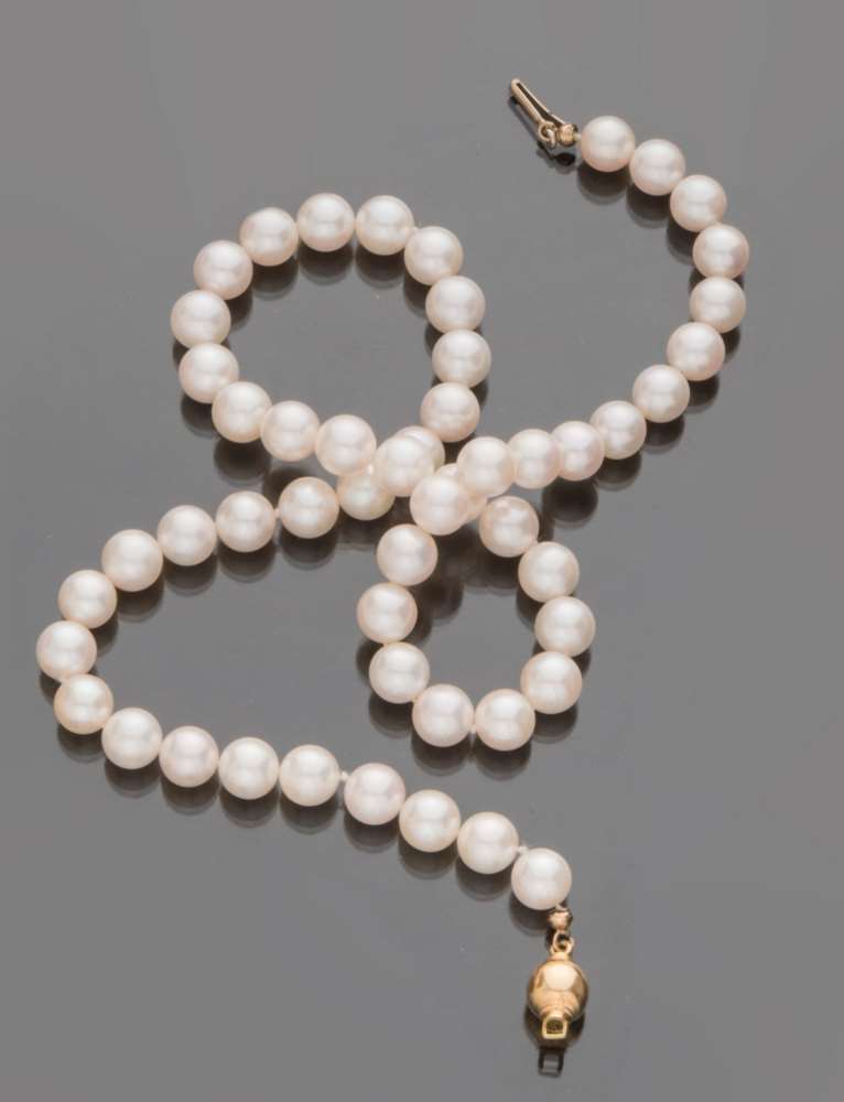 CHOKER to a thread of pearls with lock in yellow gold 18 kts., to circular outline. Pearls mm. 7.