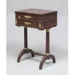 WALNUT WORK-TABLE, PERIOD EMPIRE with box to two drawers and column legs. Gondola feet, applications