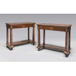 A BEAUTIFUL PAIR OF SICILIAN CONSOLES, 19TH CENTURY in mahogany with edgings and inlays to leaves in