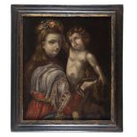 CENTRAL ITALY PAINTER, 17TH CENTURY HOLY DOROTEA (?) WITH THE CHILD Oil on canvas, cm. 77 x 61,5