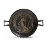 ETRUSCAN KYLIX OF THE GROUP OF THE GHOST, 4TH CENTURY B.C. in clay and opaque black glaze, with