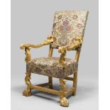 GILDED WOOD ARMCHAIR, SEVENTEENTH STYLE, LATE 19TH CENTURY carved motif of acanthus leaves,