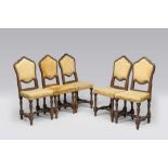 FIVE WALNUT CHAIRS, ANCIENT ELEMENTS with moulded backs and legs. Upholstery in yellow velvet.