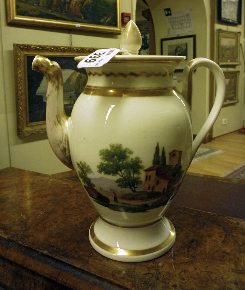 PORCELAIN TEAPOT, 19TH CENTURY to white enamel, polychrome and gold. Decorated body to landscapes