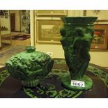 MALACHITE VASE AND FLASK , PROBABLY RUSSIA LIBERTY PERIOD with decorums in muses relief with