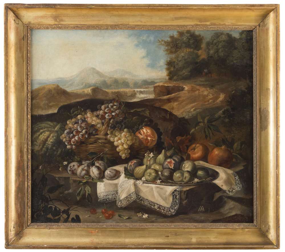 ANIELLO ASCIONE (Active to Naples 1680 - 1708) LANDSCAPE WITH STILL-LIFE OF FRUIT Oil on canvas, cm.