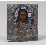 RUSSIAN PAINTER, EARLY 20TH CENTURY CHRIST PANTOCRATOR Oil on panel, cm. 33 x 28 Riza in silvered