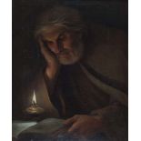 FRENCH PAINTER, 19TH CENTURY ELDERLY READING TO THE LIGHT OF CANDLE Oil on canvas, cm. 64 x 48