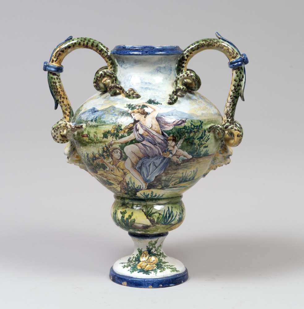 MAJOLICA VASE, NAPLES SECOND HALF OF 19TH CENTURY in polychrome with decorum to landscape with