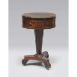 ROSEWOOD BOTTLES-HOLDER TABLE, MID 19TH CENTURY with threads and mother of pearl inlays. circular