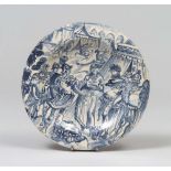 MAIOLICA DISH, SAVONA 19TH CENTURY with decorum to scene of arme to white and blue enamel.