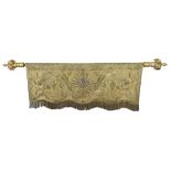 VALANCE WITH TAPESTRY, 18TH CENTURY quilted tapestry in gilded motives with Holy Spirit. Ends in