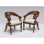 A PAIR OF ARMCHAIRS, PROBABLY NAPLES CHARLES X in mahogany feather, with inlays to vegetable motives