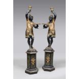 A PAIR OF GREAT SCULPTURES, VENICE 19TH CENTURY in wood to black lacquer, polychrome and gold,