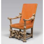 GILDED WOOD ARMCHAIR, VENICE LATE 17TH CENTURY red bolus, entirely carved acanthus leaves, shoots of