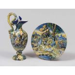 MAJOLICA DISH AND PITCHER, CANTAGALLI EARLY 20TH CENTURY scenes of battle Roman on the river.