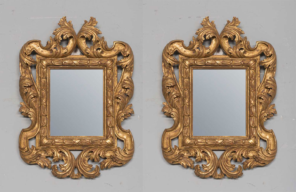 A PAIR OF SMALL GILDED WOOD MIRROR, LATE 19TH CENTURY of eighteenth-century line, graven to