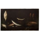 ELENA RECCO, att. to (Naples 17th - 18th century) VIEW OF KITCHEN WITH STILL-LIFE OF FISHES Oil on