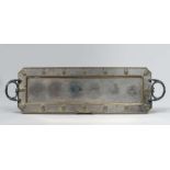 SILVERED METAL TRAY, UMBERTINO PERIOD with edge hurled to coats of arms with garlands and handles to