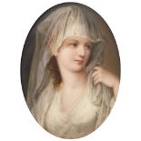 FRENCH PAINTER, 19TH CENTURY WOMAN WITH THE VEIL Miniature on oval porcelain, cm. 7,5 x 5,5 Frame