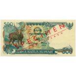 BANKNOTES, 紙鈔, INDONESIA – REPUBLIC, 印度尼西亞 - 共和國, Bank Indonesia: Specimen 500-Rupiah, 1988,