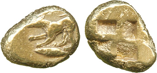 ANCIENT GREEK COINS, Mysia, Kyzikos (c.500-460 BC), Electrum Hekte, dog crouching left, forepaw
