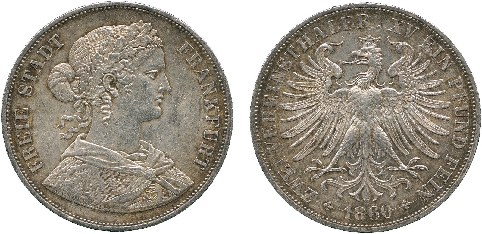 WORLD COINS, Germany, Frankfurt, Free State, Silver 2-Vereinsthaler, 1860, bust of Franconia