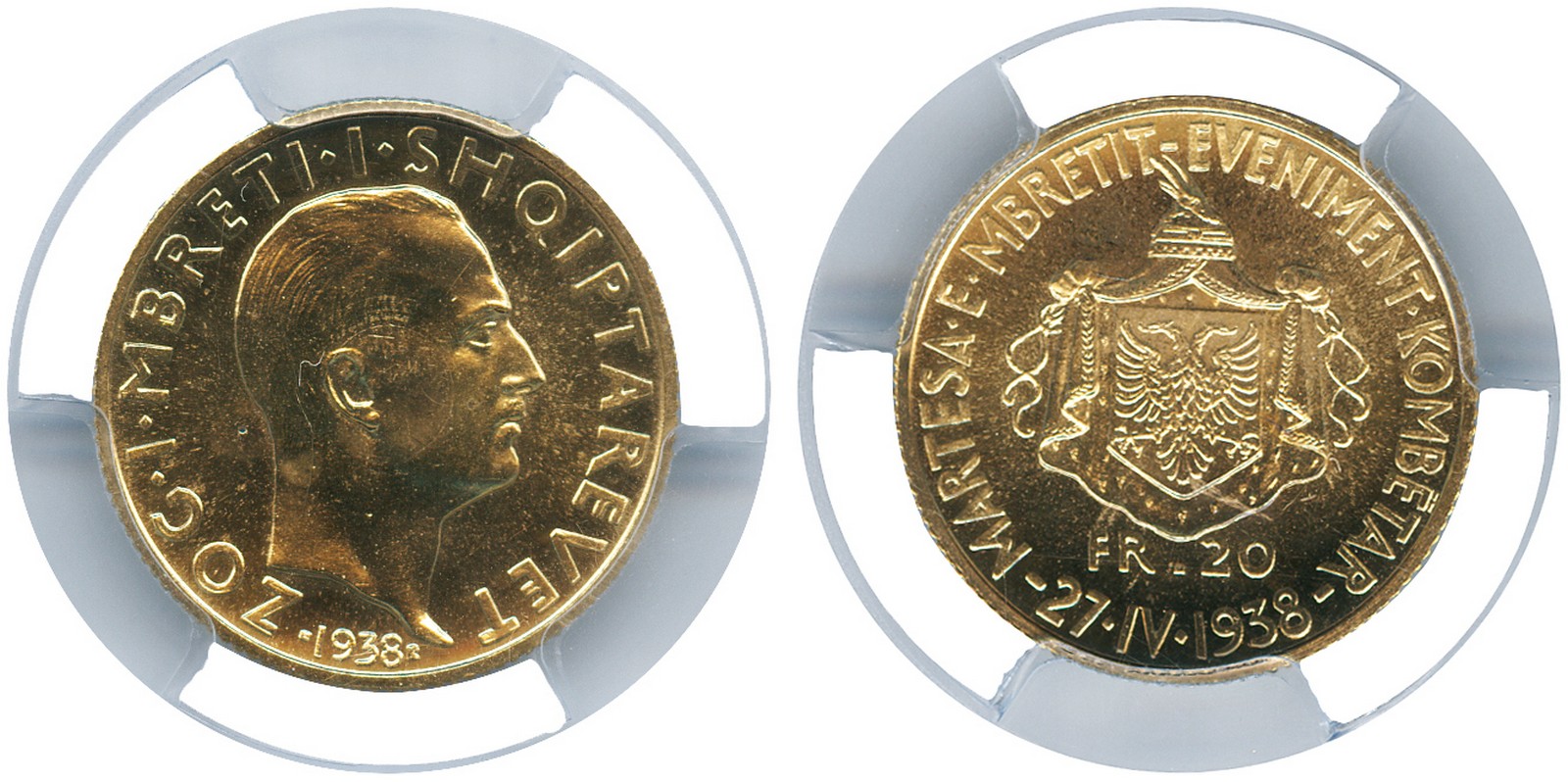 WORLD COINS, Albania, Zog, Gold 20-Franga Ari, 1938-R (Rome), Royal Wedding commemorative, bust