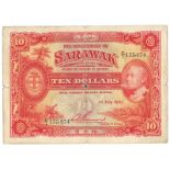 BANKNOTES, 紙鈔, MALAYSIA, 馬來西亞, Sarawak, Government of Sarawak: $10, 1 July 1929, serial no.CI 155,