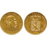 WORLD COINS, Netherlands, Willem III (1849-1890), Gold 10-Gulden, 1875, old head right, rev arms (