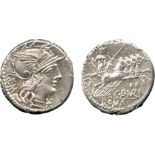 ANCIENT COINS, ROMAN COINS, C. Aburius Geminus (134 BC), Silver Denarius, helmeted head of Roma