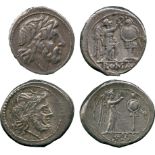 ANCIENT COINS, ROMAN COINS, Republican Silver Victoriati (2), c.211-208 BC, laureate head of Jupiter