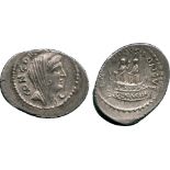 ANCIENT COINS, ROMAN COINS, L. Mussidius Longus (42 BC), Silver Denarius, CONCOR[DIA], veiled head