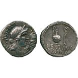 ANCIENT COINS, ROMAN COINS, C. Cassius with Lentulus Spint, Silver Denarius, travelling mint, 43-