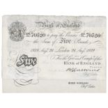 BANKNOTES, Great Britain, Bank of England, uniface White £5, 26 August 1929, London, serial no.