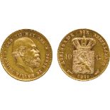 WORLD COINS, Netherlands, Willem III, Gold 10-Gulden, 1879, old head right, rev arms (Sch 552; F