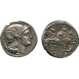ANCIENT COINS, ROMAN COINS, Republic, Anonymous (c.207 BC), Silver Denarius, helmeted head of Roma