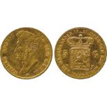 WORLD COINS, Netherlands, Willem I, Gold 5-Gulden, 1827, Utrecht, head left, rev crowned arms (Sch