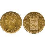 WORLD COINS, Netherlands, Willem I, Gold 10-Gulden, 1827B, Brussels, head left, rev crowned arms