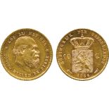 WORLD COINS, Netherlands, Willem III, Gold 10-Gulden, 1886, old head right, rev arms (Sch 555 (S); F