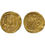 ANCIENT COINS, BYZANTINE COINS, Justinianus I (AD 527-565), Gold Solidus, helmeted and cuirassed