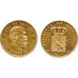 WORLD COINS, Netherlands, Willem III, Gold 10-Gulden, 1879/7, old head right, rev arms (Sch 552a (