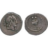 ANCIENT COINS, ROMAN COINS, Mn. Fonteius (85 BC), Silver Denarius, MN FONTEI C [F], laureate head of